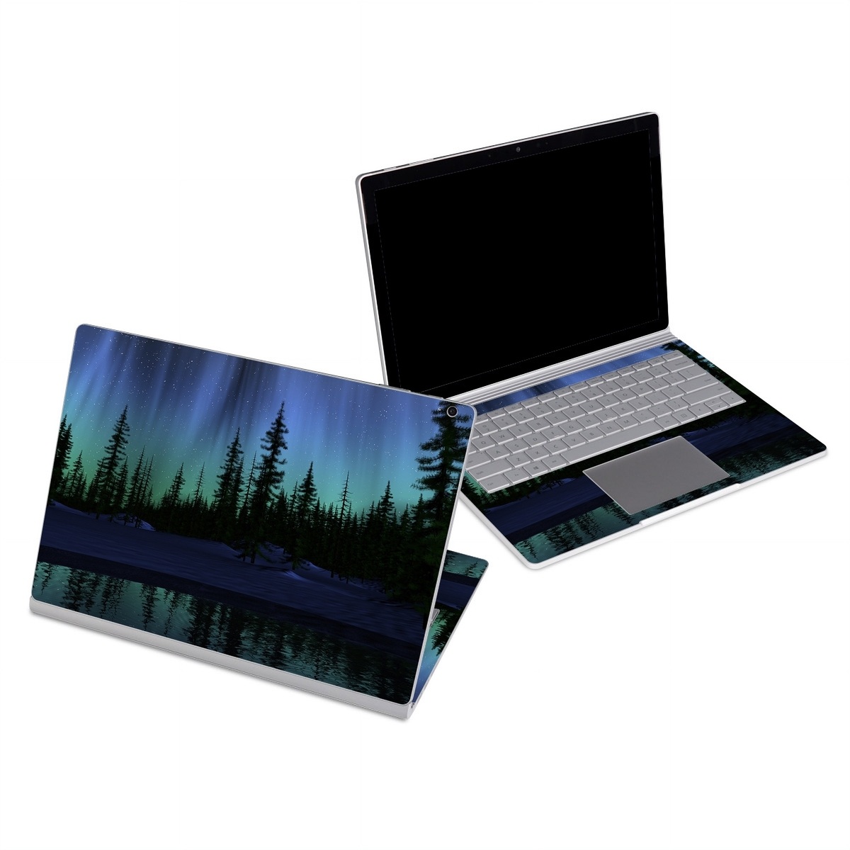 Microsoft Surface Book Series Skin design of Aurora, Nature, Sky, shortleaf black spruce, Natural landscape, Tree, Wilderness, Natural environment, Biome, Spruce-fir forest, with blue, purple, green, black colors