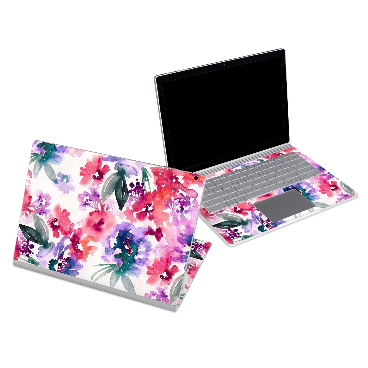 Microsoft Surface Book Series Skin design of Purple, Pattern, Pink, Lilac, Violet, Flower, Watercolor paint, Floral design, Plant, Design, with green, pink, red, purple, white colors