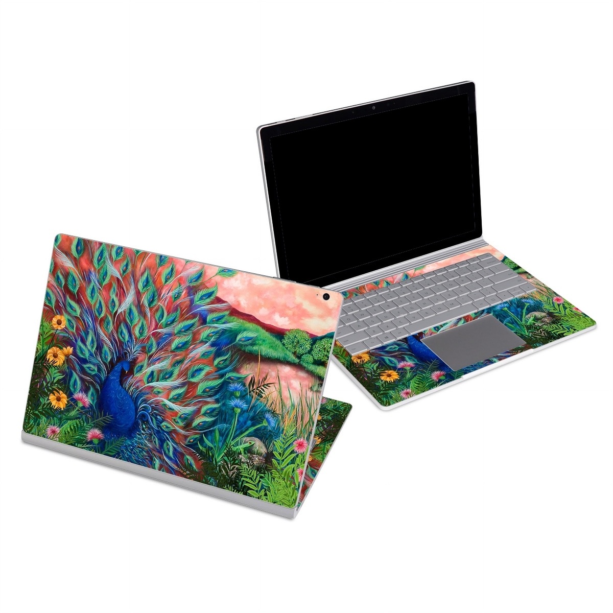 Microsoft Surface Book Series Skin design of Painting, Acrylic paint, Bird, Child art, Art, Galliformes, Peafowl, Visual arts, Watercolor paint, Plant, with black, red, gray, blue, green colors
