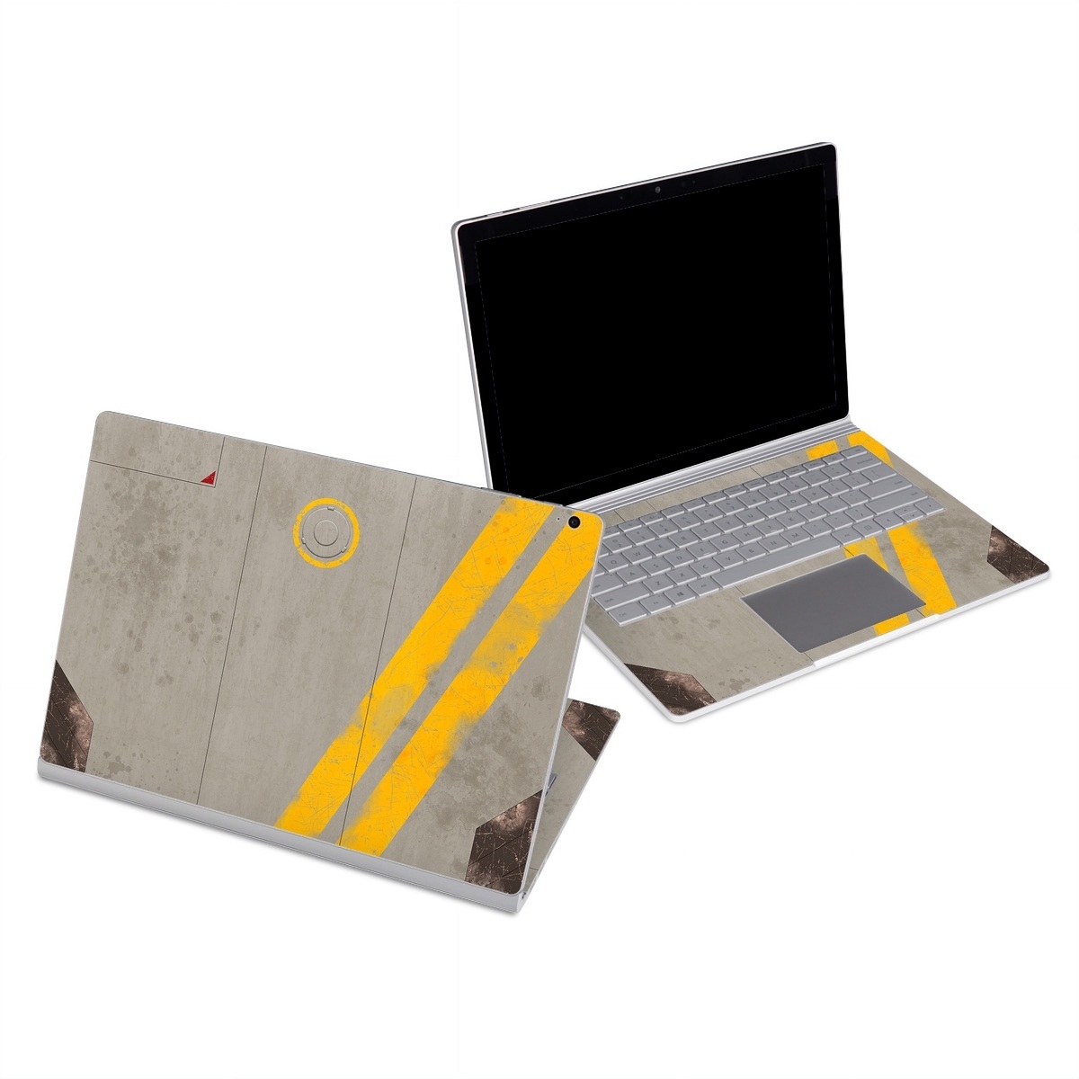 Microsoft Surface Book Series Skin design of Yellow, Wall, Line, Orange, Design, Concrete, Font, Architecture, Parallel, Wood, with gray, yellow, red, black colors