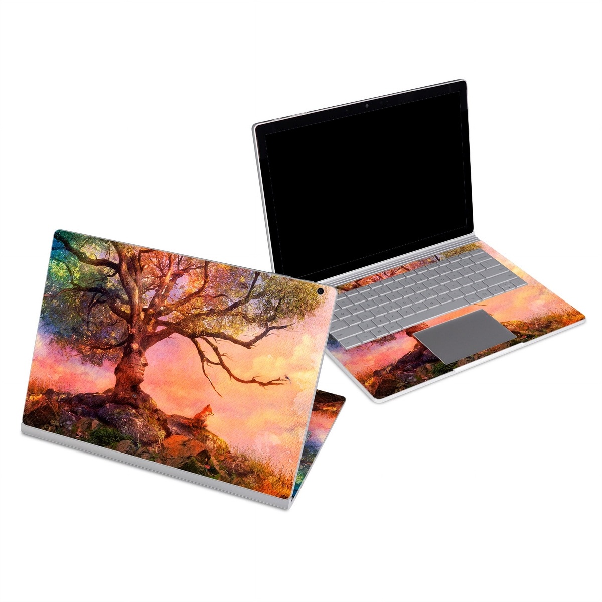 Microsoft Surface Book Series Skin design of Nature, Tree, Sky, Natural landscape, Branch, Leaf, Woody plant, Trunk, Landscape, Plant, with pink, red, black, green, gray, orange colors