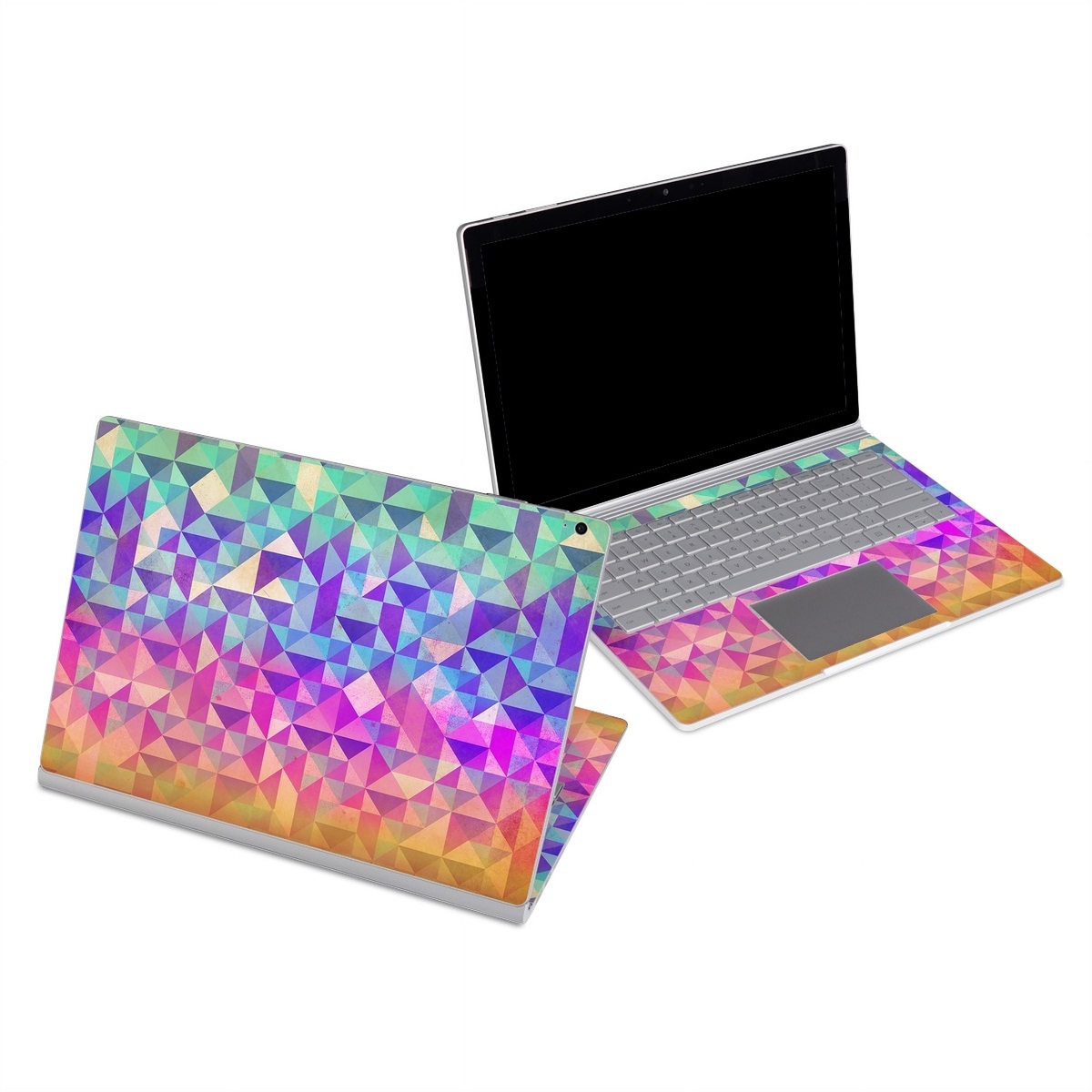 Microsoft Surface Book Series Skin design of Pattern, Purple, Triangle, Violet, Magenta, Line, Design, Symmetry, Psychedelic art, with gray, purple, green, blue, pink colors