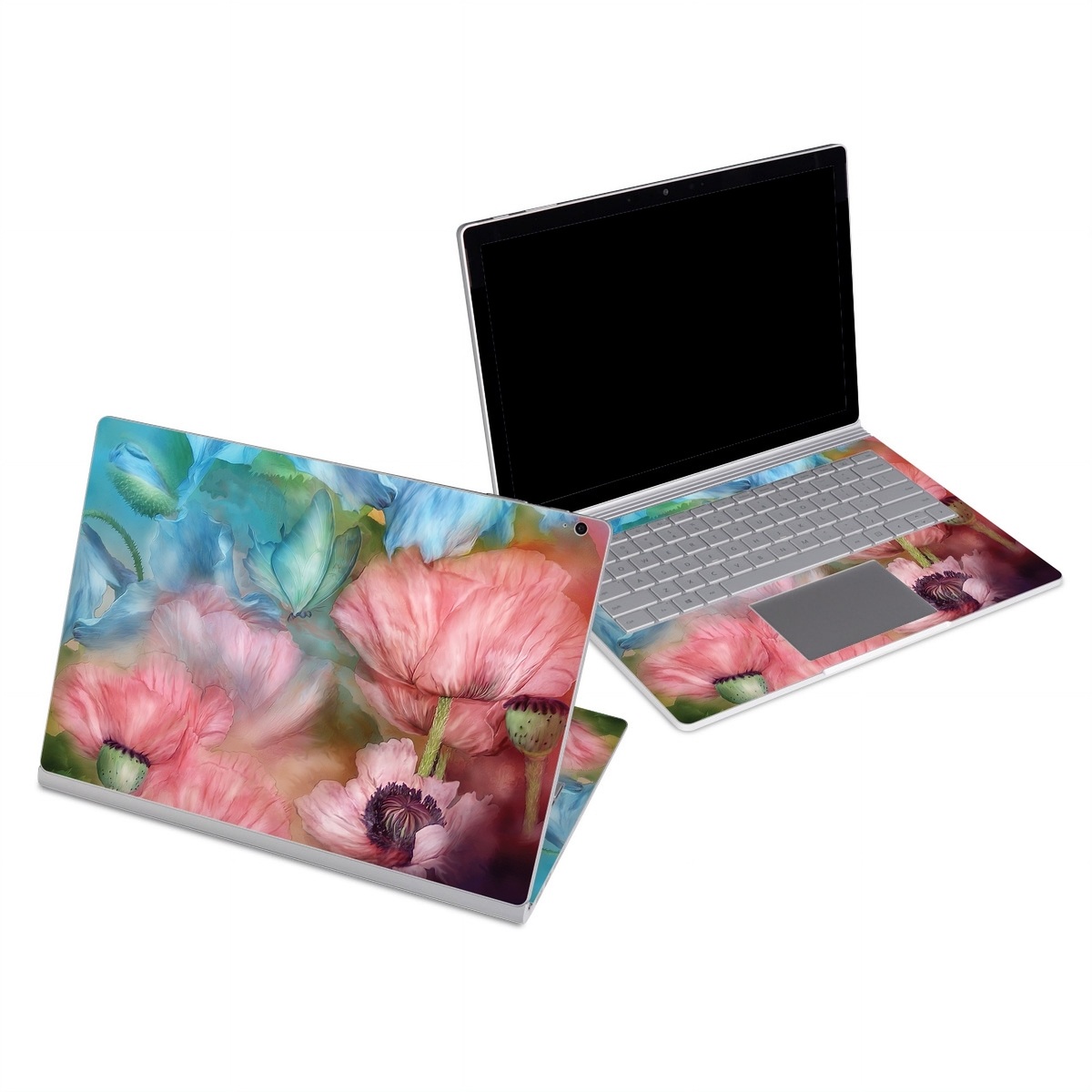 Microsoft Surface Book Series Skin design of Flower, Petal, Watercolor paint, Painting, Plant, Flowering plant, Pink, Botany, Wildflower, Still life, with gray, blue, black, red, green colors