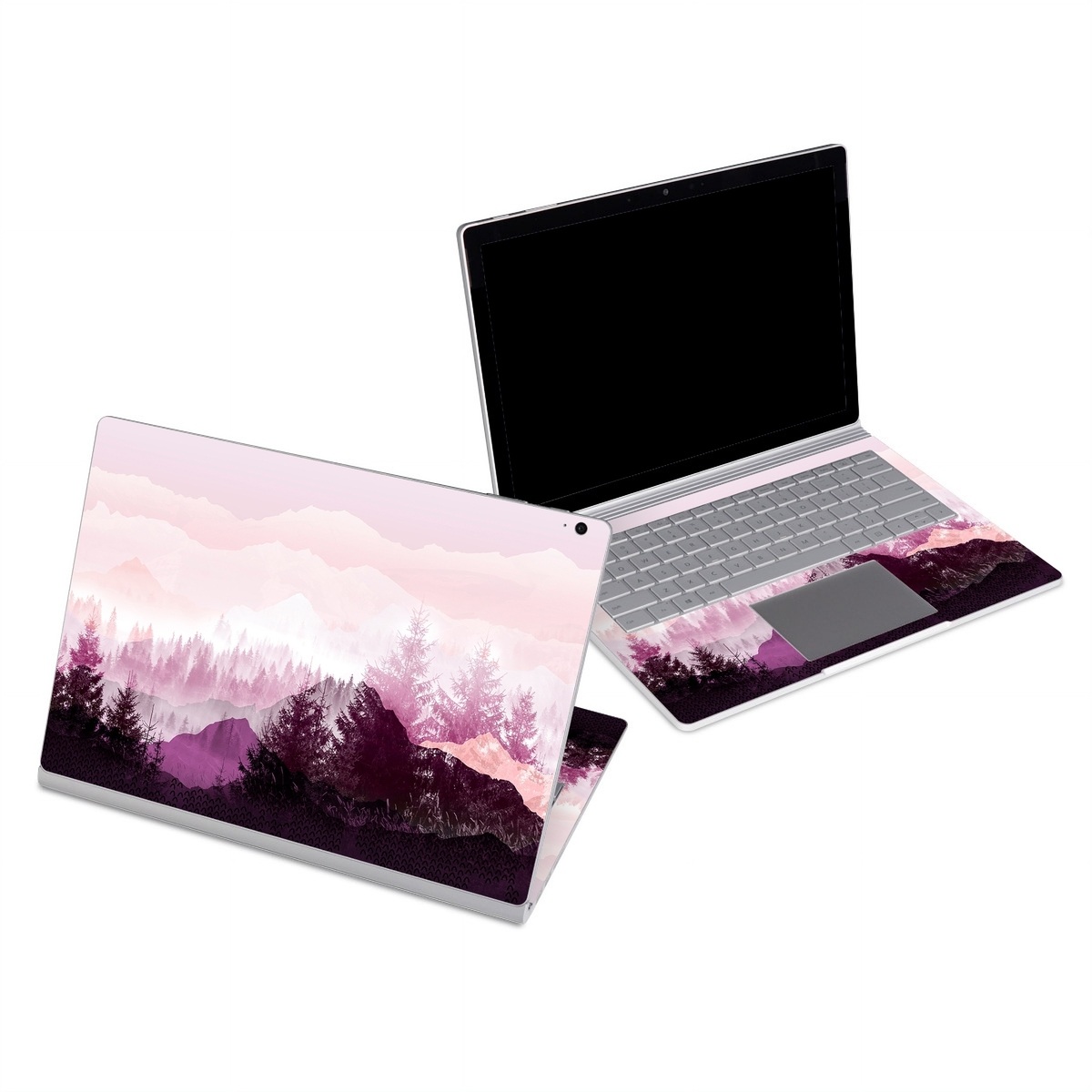 Microsoft Surface Book Series Skin design of Sky, Purple, Atmospheric phenomenon, Pink, Natural landscape, Violet, Mountain, Tree, Morning, Mountain range, with white, purple, black, pink colors