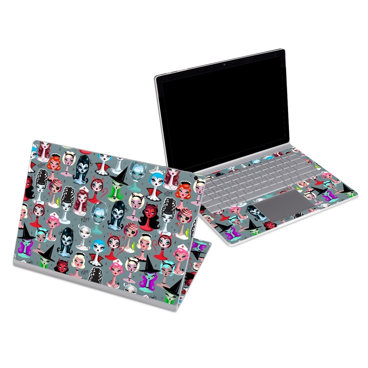 Microsoft Surface Book Series Skin design of Facial expression, Head, Design, Collection, Fictional character, Pattern, Skull, Illustration, Collage, Style, with gray, white, red, blue, green, black, pink, purple colors