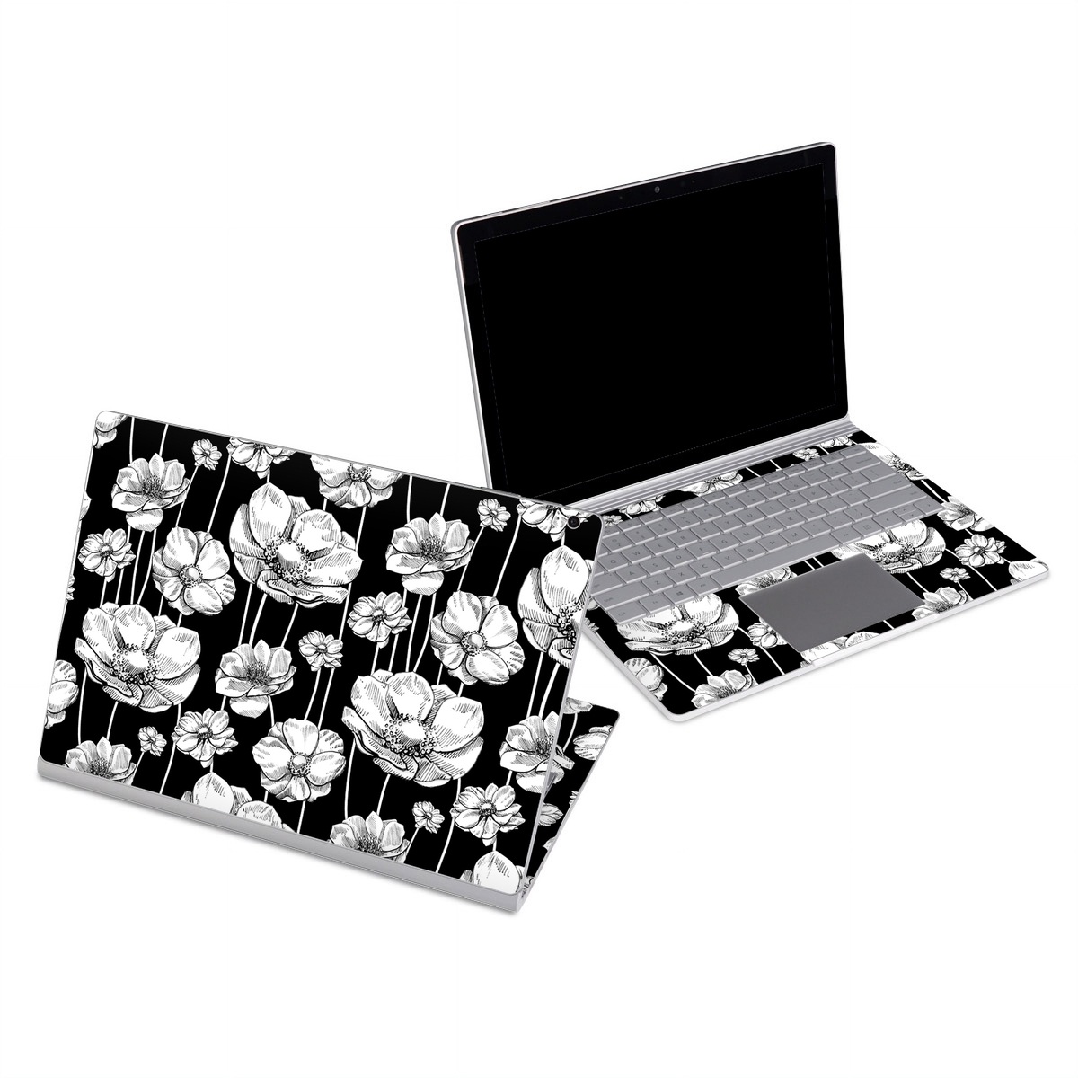 Microsoft Surface Book Series Skin design of Flower, Black-and-white, Plant, Botany, Petal, Design, Wildflower, Monochrome photography, Pattern, Monochrome, with black, gray, white colors
