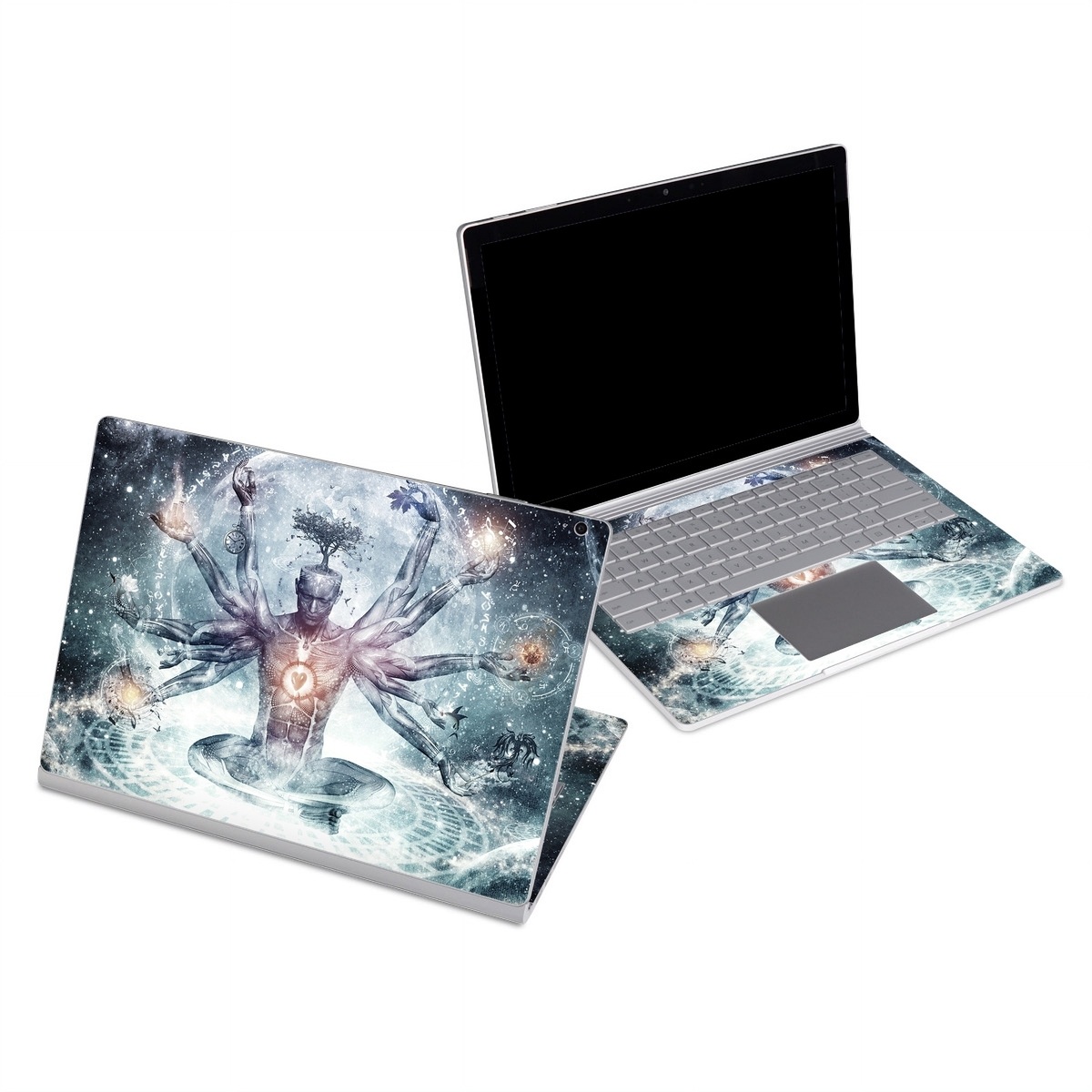 Microsoft Surface Book Series Skin design of Mythology, Cg artwork, Water, Illustration, Fictional character, Space, Graphics, Art, Graphic design, with blue, red, orange, black, white colors