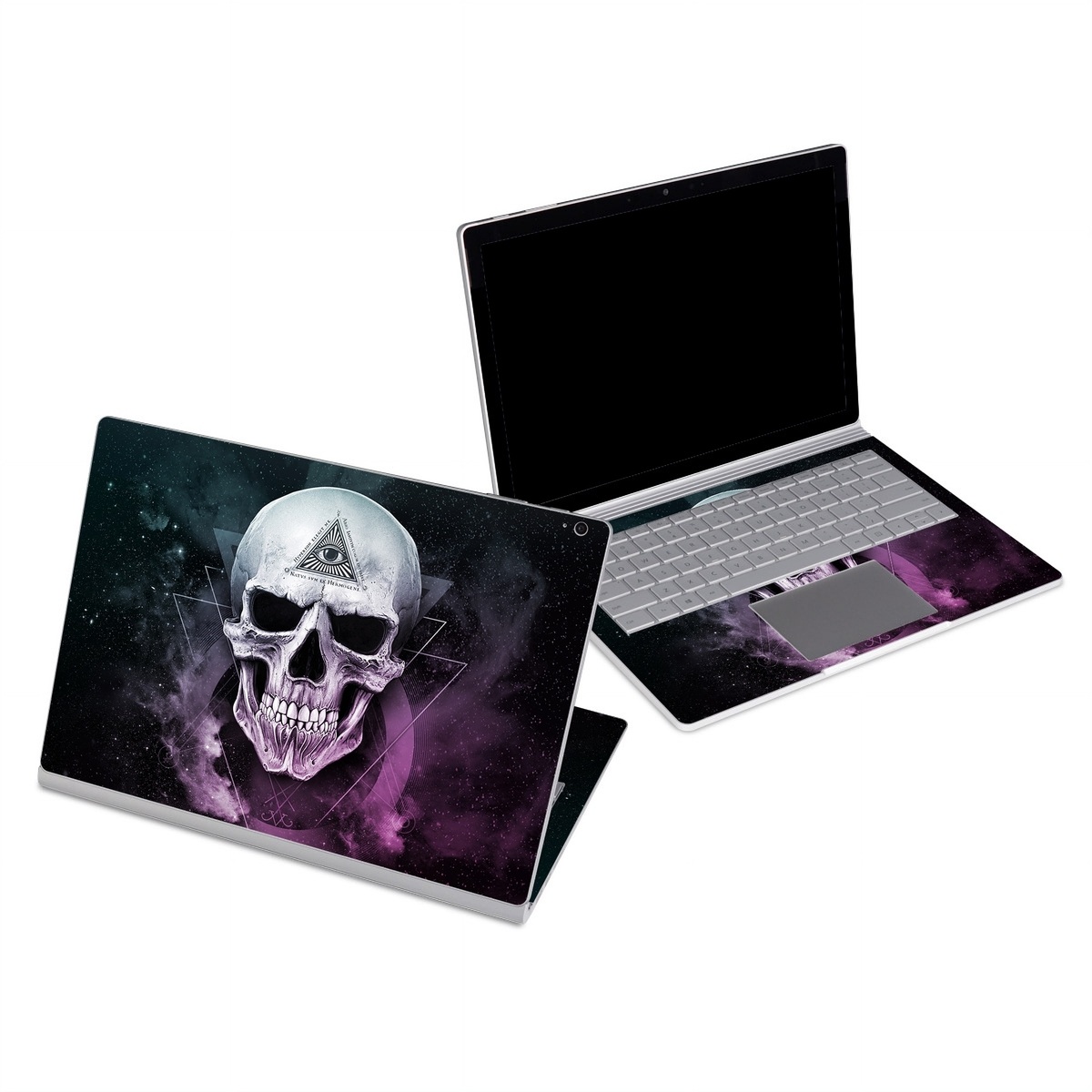 Microsoft Surface Book Series Skin design of Skull, Bone, Illustration, Font, Jaw, Fictional character, Graphic design, Graphics, Art, with black, white, gray, purple colors