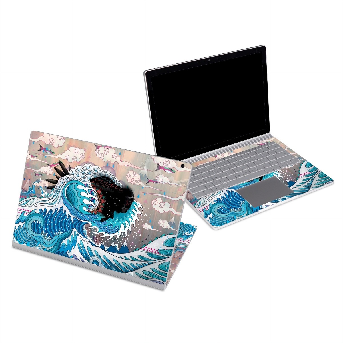 Microsoft Surface Book Series Skin design of Blue, Turquoise, Illustration, Aqua, Graphic design, Pattern, Art, Design, Graphics, Visual arts, with gray, blue, black, pink, white colors