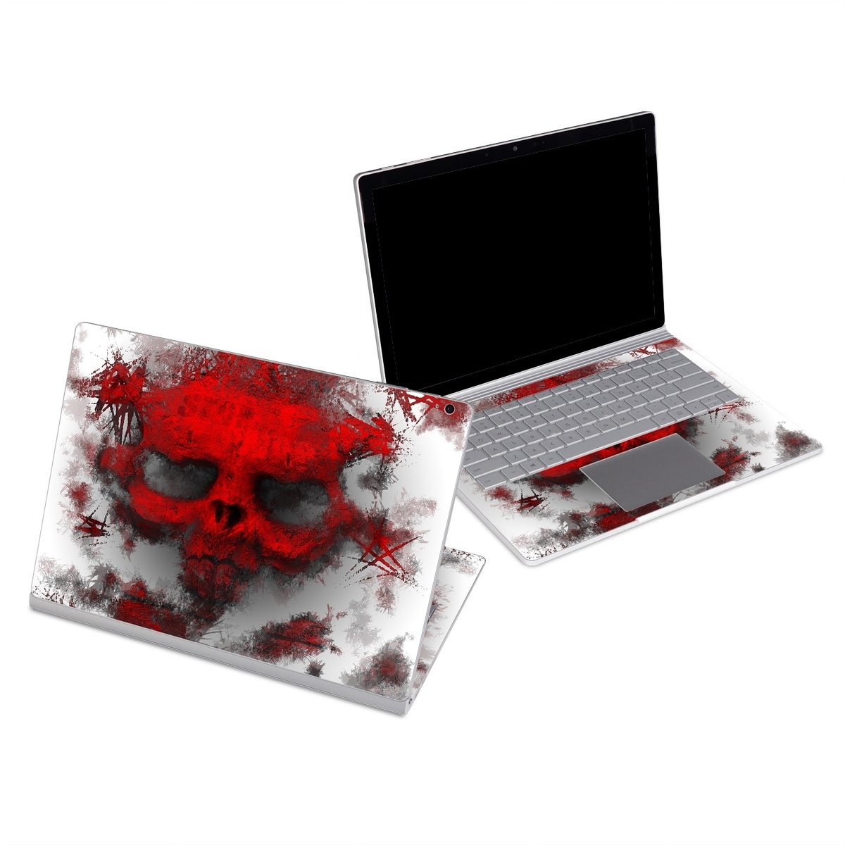 Microsoft Surface Book Series Skin design of Red, Graphic design, Skull, Illustration, Bone, Graphics, Art, Fictional character, with red, gray, black, white colors
