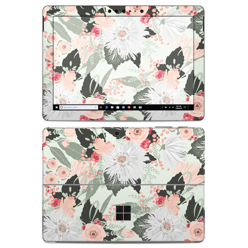 Microsoft Surface Go Skin design of Pattern, Pink, Floral design, Design, Textile, Wrapping paper, Plant, Peach, Flower with green, red, white, pink colors