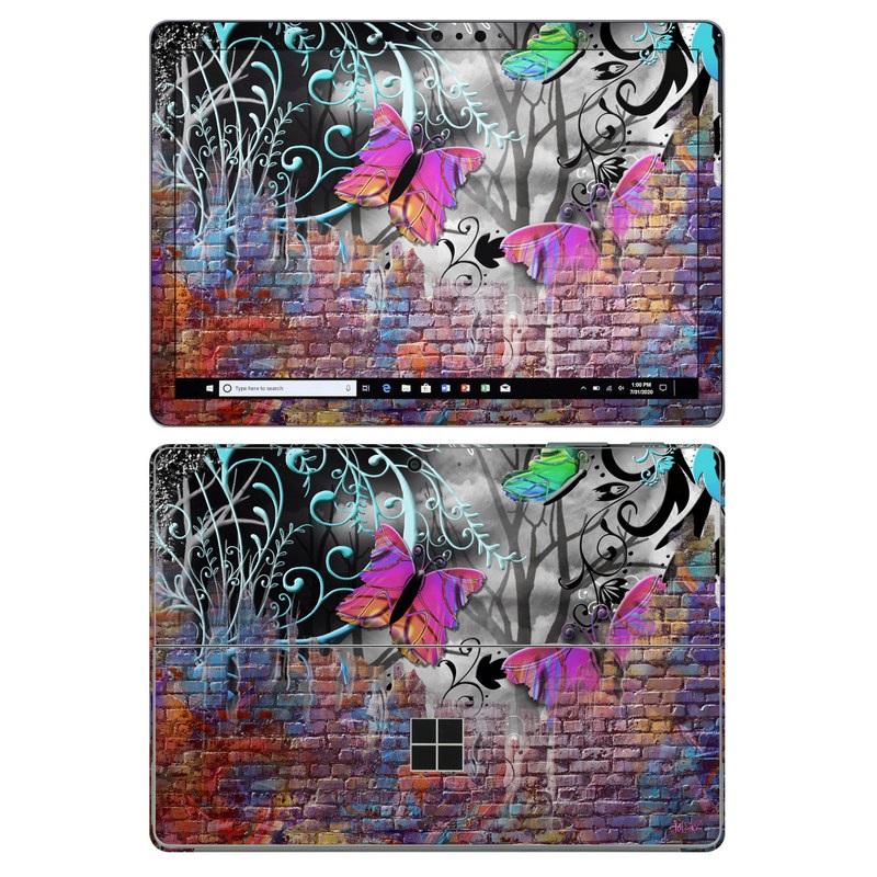 Microsoft Surface Go 2 Skin design of Purple, Graphic design, Art, Pattern, Graffiti, Organism, Street art, Wall, Font, Illustration, with red, black, gray, purple, orange, blue, green colors
