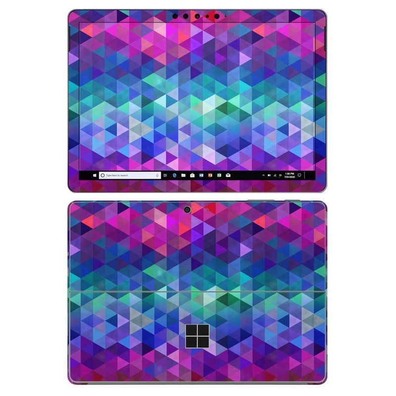 Microsoft Surface Go 2 Skin design of Purple, Violet, Pattern, Blue, Magenta, Triangle, Line, Design, Graphic design, Symmetry with blue, purple, green, red, pink colors
