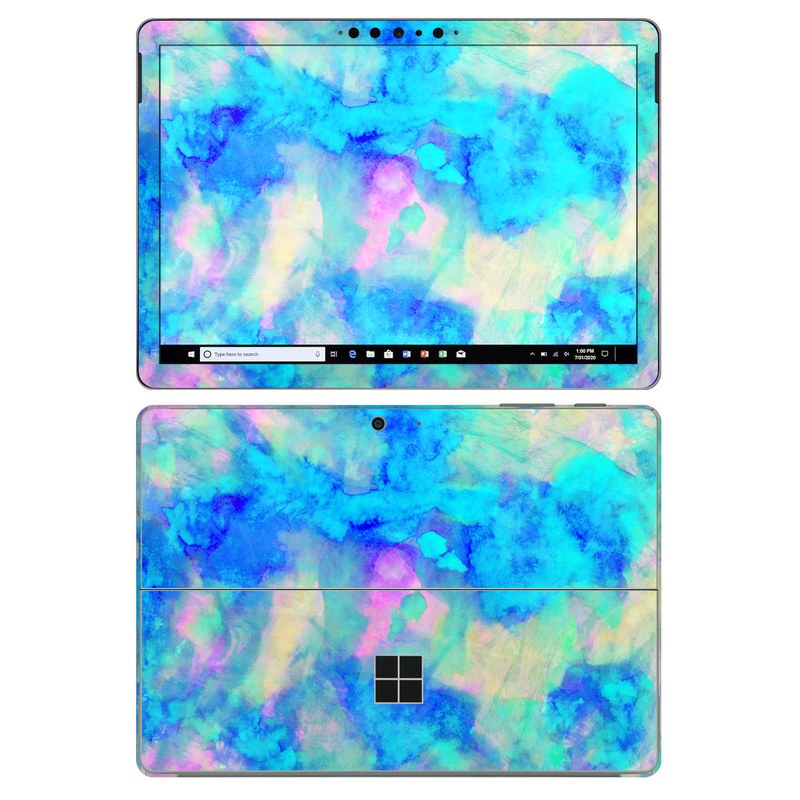 Microsoft Surface Go 2 Skin design of Blue, Turquoise, Aqua, Pattern, Dye, Design, Sky, Electric blue, Art, Watercolor paint, with blue, purple colors