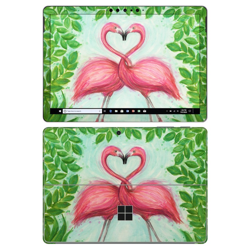Microsoft Surface Go 2 Skin design of Flamingo, Greater flamingo, Bird, Water bird, Pink, Illustration, Watercolor paint, Organism, Drawing, Stork with pink, blue, green colors