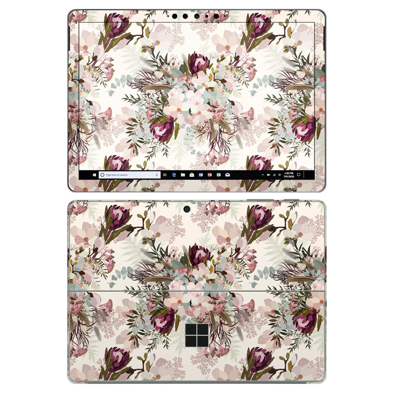 Microsoft Surface Go 2 Skin design of Pink, Pattern, Lilac, Flower, Plant, Petal, Floral design, Textile, Design, Blossom, with white, red, pink, blue, brown colors