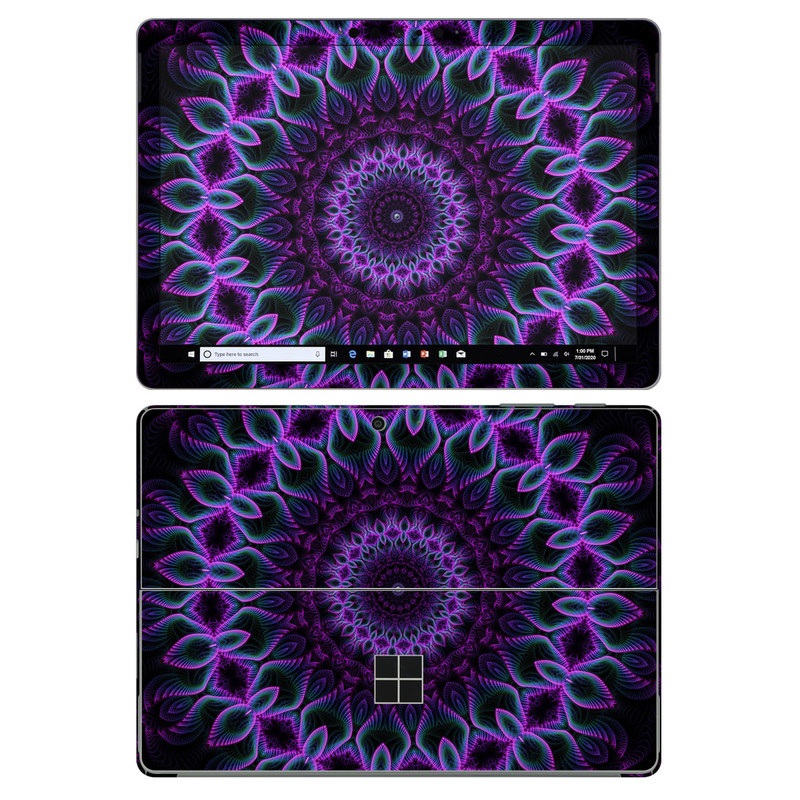 Microsoft Surface Go 2 Skin design of Colorfulness, Pattern, Purple, Violet, Magenta, Red, Pink, Art, Fractal Art, Visual Arts, Design, Circle, Symmetry, Psychedelic Art, Motif, Kaleidoscope, Graphics with black, purple, blue, white colors