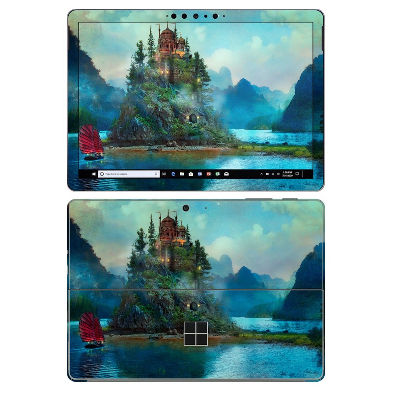 Microsoft Surface Go 2 Skin design of Nature, Natural landscape, Sky, Painting, Landscape, Illustration, Watercolor paint, Art, Calm, Water castle, with black, gray, blue, green colors