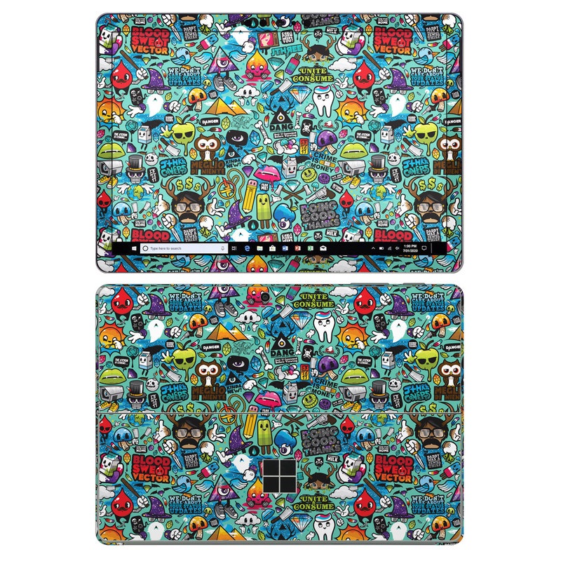 Microsoft Surface Go 2 Skin design of Cartoon, Art, Pattern, Design, Illustration, Visual arts, Doodle, Psychedelic art, with black, blue, gray, red, green colors