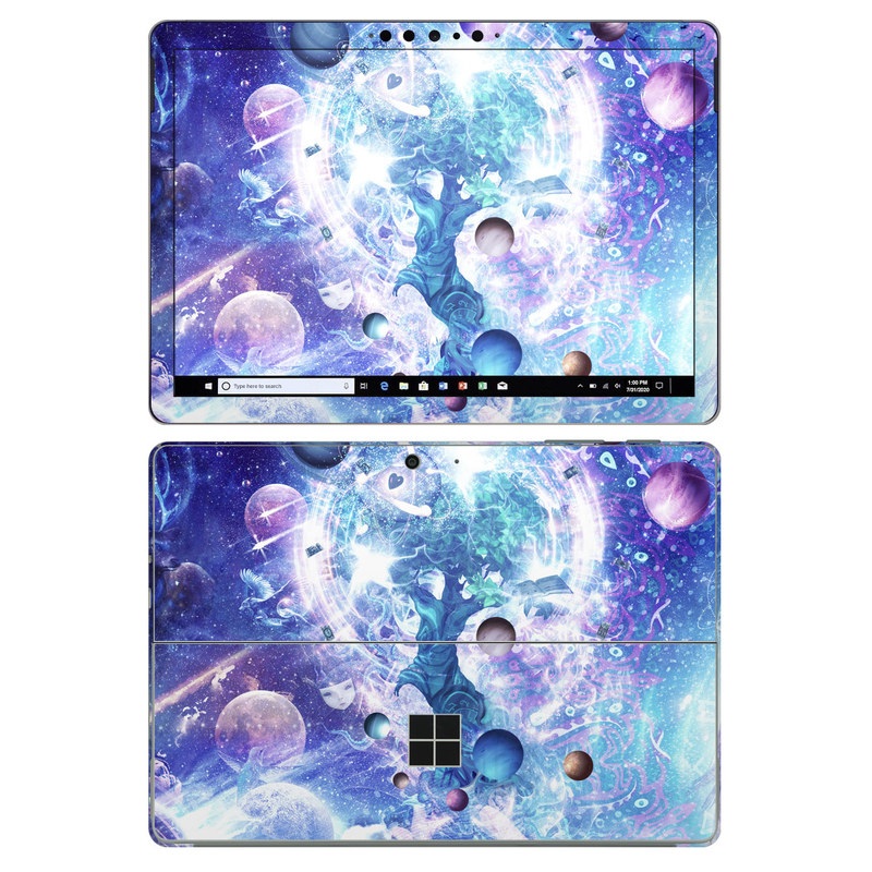 Microsoft Surface Go 2 Skin design of Bird, Butterfly, Planets, Deer, Space, Purple, World, Astronomical Object, Cg Artwork, Illustration, Universe, Painting, Fictional Character, Outer Space, Astronomy, Science, Water Feature, Graphic Design, Graphics, Star, Mythology, with blue, purple, white, black, gray, green colors