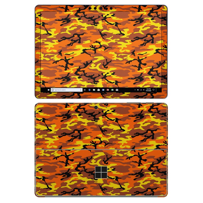 Microsoft Surface Go 2 Skin design of Military camouflage, Orange, Pattern, Camouflage, Yellow, Brown, Uniform, Design, Tree, Wildlife, with red, green, black colors