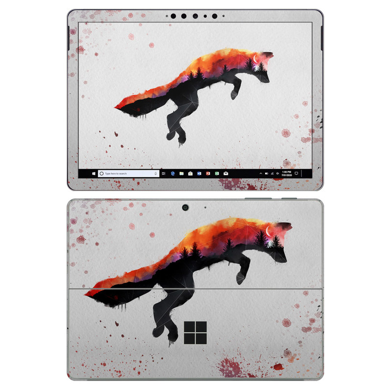 Microsoft Surface Go 2 Skin design of Illustration, Watercolor paint, Art, Graphic design, Painting, Red fox, Visual arts, Paint, Drawing, Tail with gray, black, red, yellow, orange, white colors
