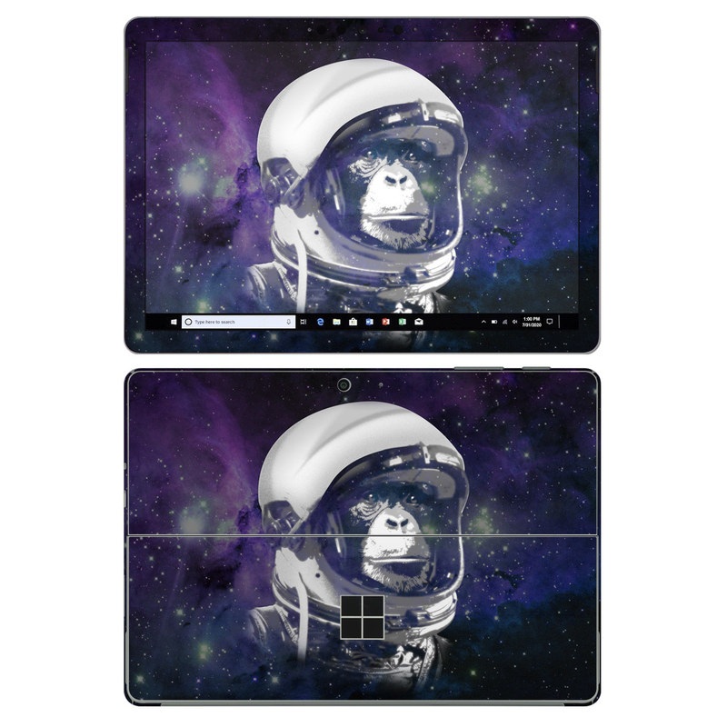 Microsoft Surface Go 2 Skin design of Helmet, Astronaut, Personal protective equipment, Illustration, Space, Outer space, Headgear, Fictional character, Sports gear, Football gear with black, gray, blue, white colors