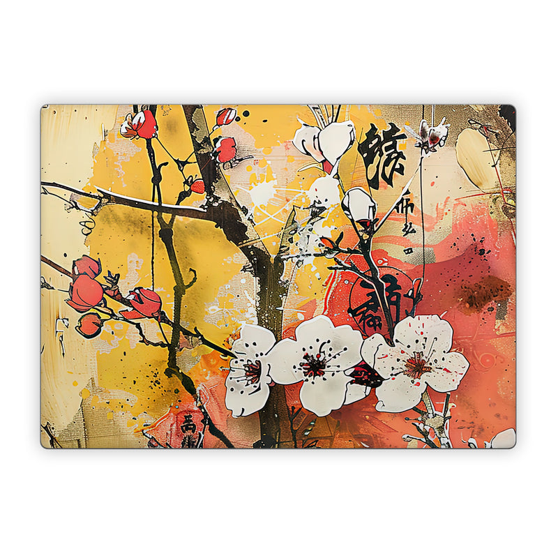 Microsoft Surface Laptop Series Skin design of Yellow, Orange, Visual arts, Pink, Twig, Blossom, Creative arts, Paint, Floral design, Modern art, with yellow, red, white, black, brown, gray, pink colors