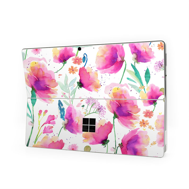 Microsoft Surface Pro Series Skin design of Pink, Watercolor painting, Art Paint, Creative arts, Paint, Floral design, Geraniums, with white, pink, purple, green, yellow, orange colors