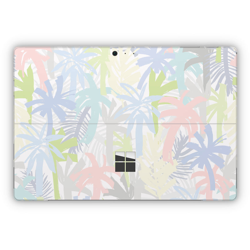 Microsoft Surface Pro Series Skin design of Palm trees, with bllue, green, pink, yellow, white, gray colors