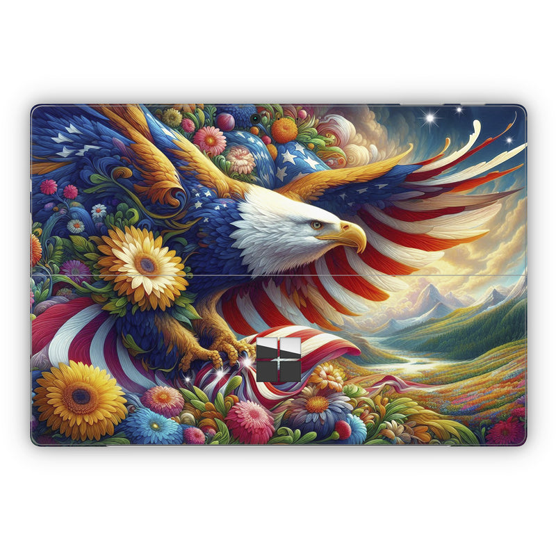 Microsoft Surface Pro Series Skin design of Bird, Accipitridae, Beak, Wing, Bald eagle, Bird of prey, Eagle, Flag of the United States, Accipitriformes, Painting, with red, blue, white, yellow, orange, brown, green, gray colors