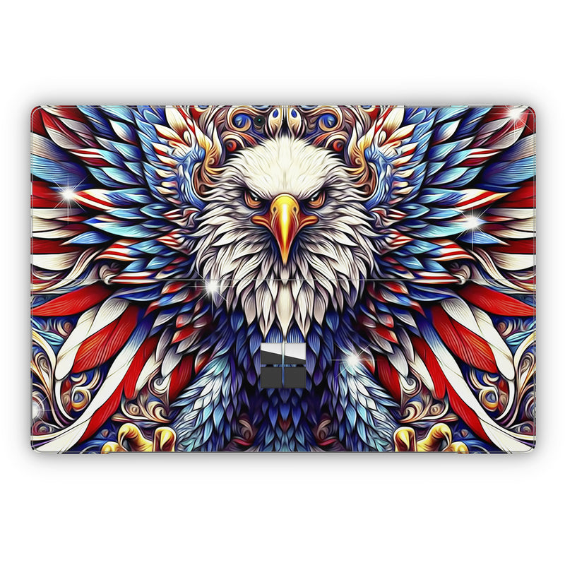 Microsoft Surface Pro Series Skin design of Accipitridae, Bird of prey, Eagle, Wing, Beak, Accipitriformes, Bird, Falconiformes, Bald eagle, Sea eagle, with red, blue, white, yellow, orange, brown, gray colors