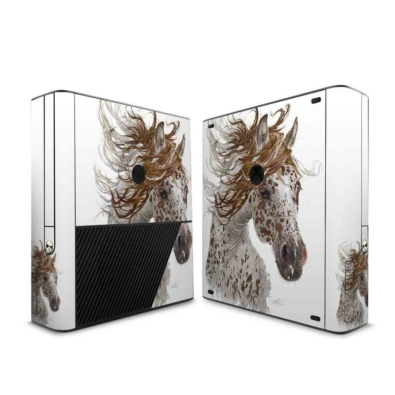 Xbox 360 E Skin design of Horse, Mane, Mustang horse, Illustration, Snout, Animal figure, Drawing, Stallion, Liver, Mare, with white, brown colors