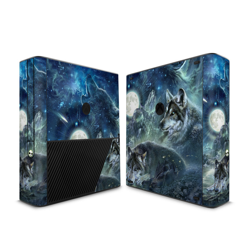 Xbox 360 E Skin design of Cg artwork, Fictional character, Darkness, Werewolf, Illustration, Wolf, Mythical creature, Graphic design, Dragon, Mythology, with black, blue, gray, white colors