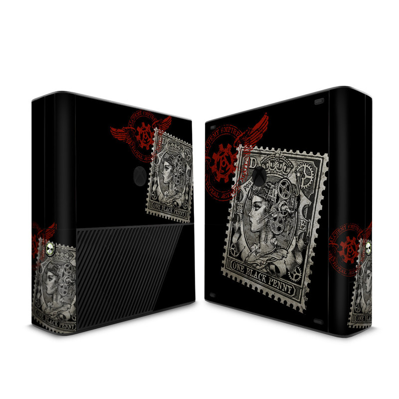 Xbox 360 E Skin design of Font, Postage stamp, Illustration, Drawing, Art, with black, gray, red colors