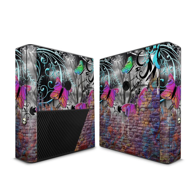 Xbox 360 E Skin design of Purple, Graphic design, Art, Pattern, Graffiti, Organism, Street art, Wall, Font, Illustration, with red, black, gray, purple, orange, blue, green colors