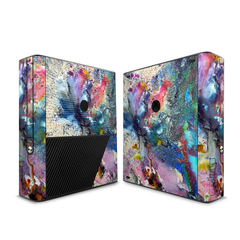 Xbox 360 E Skin design of Watercolor paint, Painting, Acrylic paint, Art, Modern art, Paint, Visual arts, Space, Colorfulness, Illustration, with gray, black, blue, red, pink colors