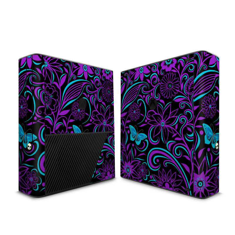 Xbox 360 E Skin design of Pattern, Purple, Violet, Turquoise, Teal, Design, Floral design, Visual arts, Magenta, Motif, with black, purple, blue colors