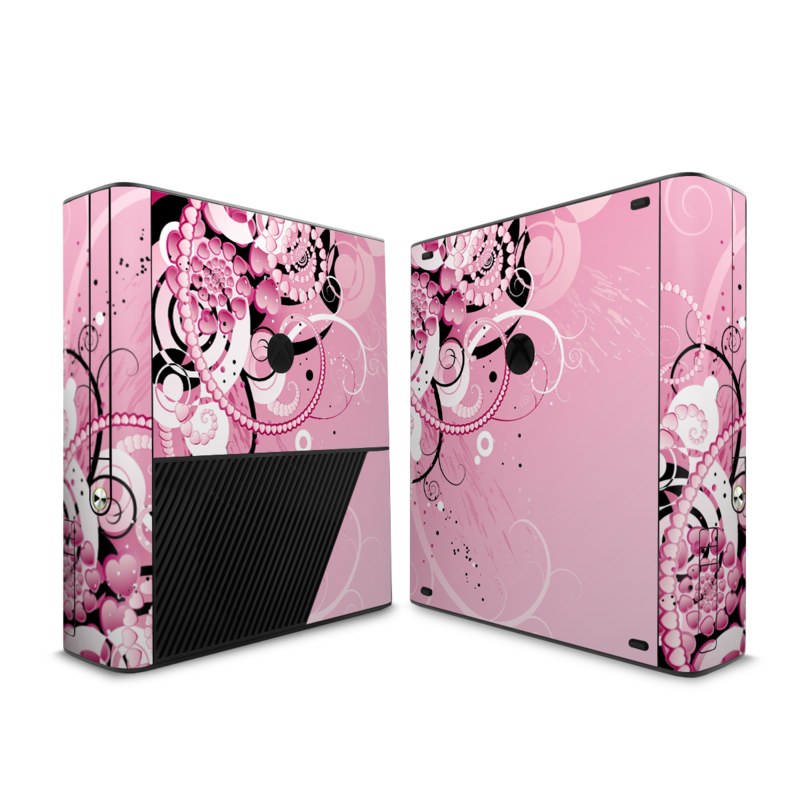 Xbox 360 E Skin design of Pink, Floral design, Graphic design, Text, Design, Flower Arranging, Pattern, Illustration, Flower, Floristry, with pink, gray, black, white, purple, red colors