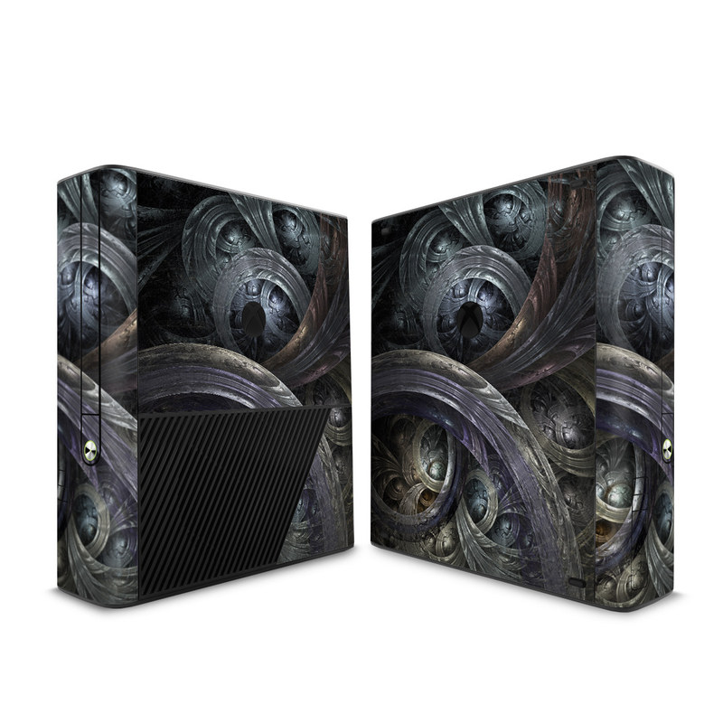 Xbox 360 E Skin design of Fractal art, Graphic design, Art, Cg artwork, Darkness, Circle, Pattern, Illustration, Graphics, Metal, with black, gray, blue colors