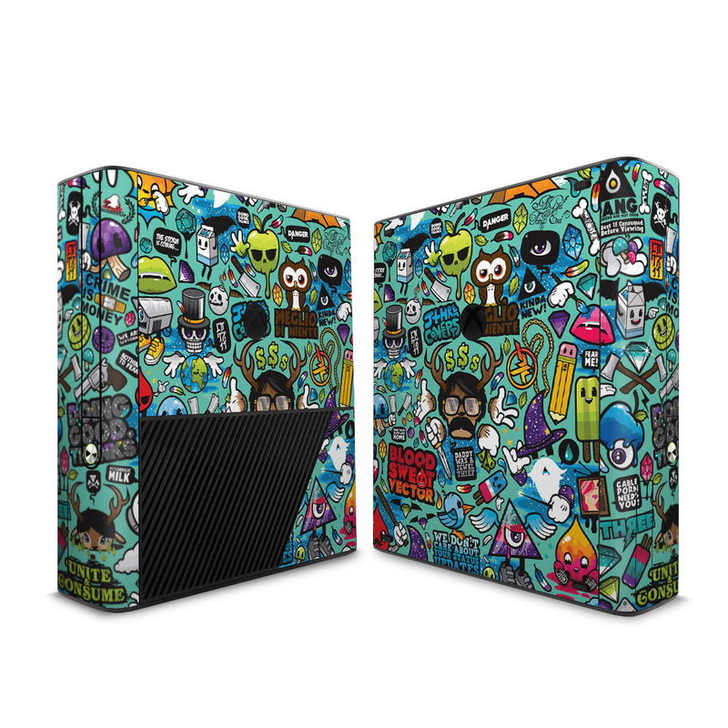 Xbox 360 E Skin design of Cartoon, Art, Pattern, Design, Illustration, Visual arts, Doodle, Psychedelic art, with black, blue, gray, red, green colors