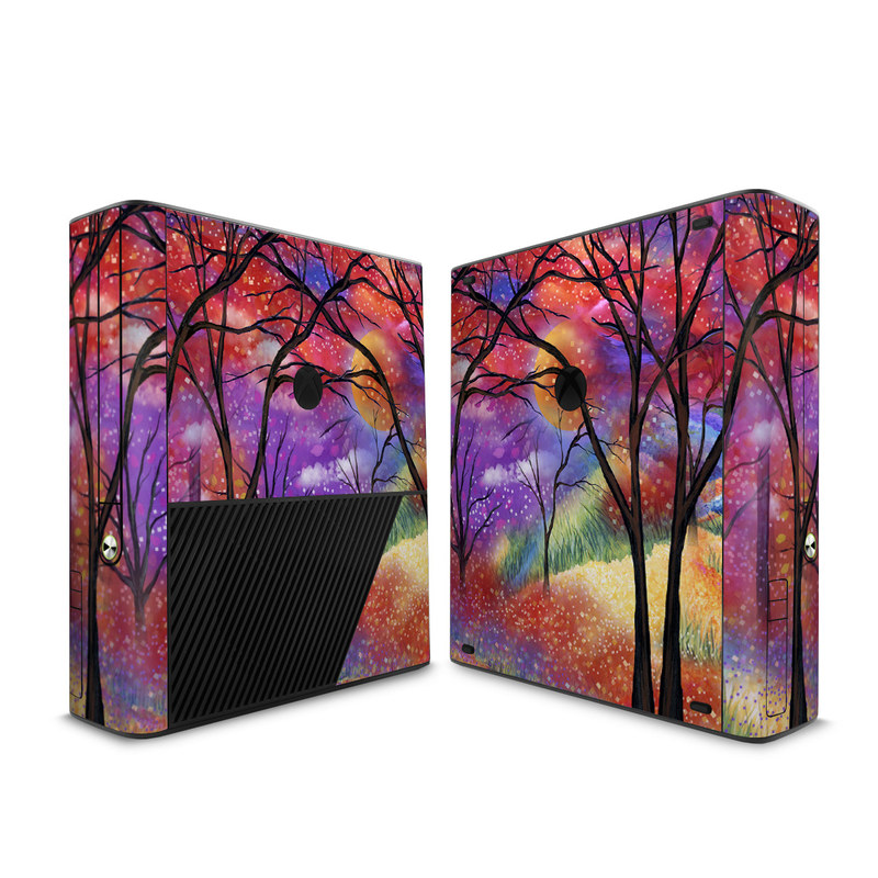 Xbox 360 E Skin design of Nature, Tree, Natural landscape, Painting, Watercolor paint, Branch, Acrylic paint, Purple, Modern art, Leaf with red, purple, black, gray, green, blue colors