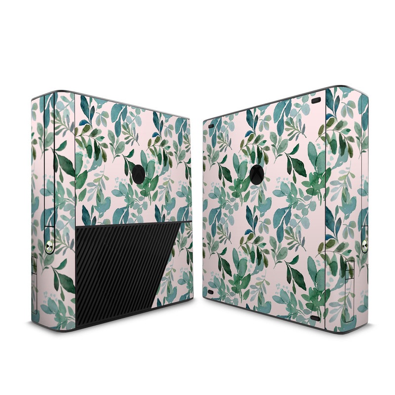 Xbox 360 E Skin design of Pattern, Green, Leaf, Design, Plant, Tree, Military camouflage, with white, green, blue colors