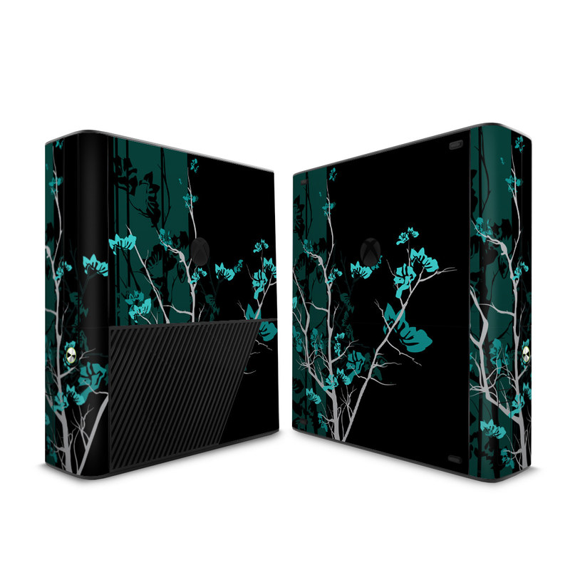 Xbox 360 E Skin design of Branch, Black, Blue, Green, Turquoise, Teal, Tree, Plant, Graphic design, Twig with black, blue, gray colors
