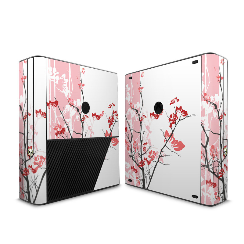 Xbox 360 E Skin design of Branch, Red, Flower, Plant, Tree, Twig, Blossom, Botany, Pink, Spring, with white, pink, gray, red, black colors