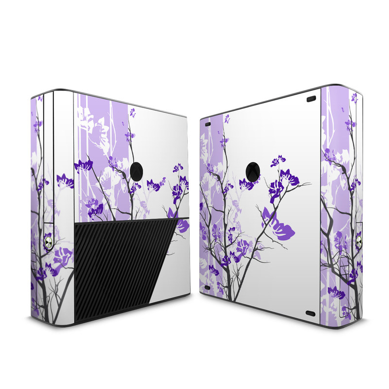 Xbox 360 E Skin design of Branch, Purple, Violet, Lilac, Lavender, Plant, Twig, Flower, Tree, Wildflower, with white, purple, gray, pink, black colors
