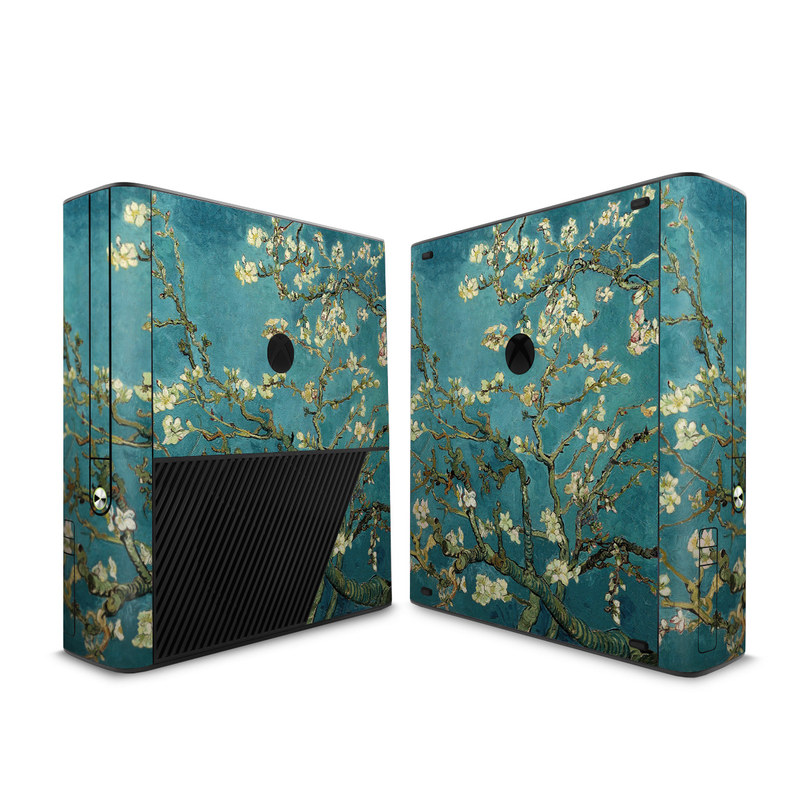 Xbox 360 E Skin design of Tree, Branch, Plant, Flower, Blossom, Spring, Woody plant, Perennial plant with blue, black, gray, green colors