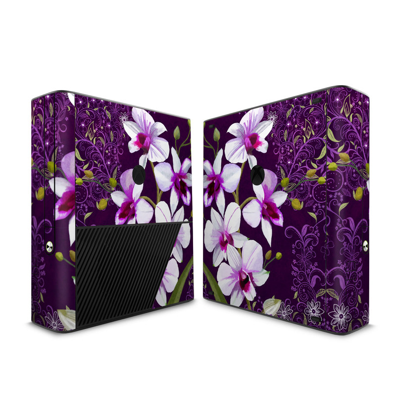 Xbox 360 E Skin design of Flower, Purple, Petal, Violet, Lilac, Plant, Flowering plant, cooktown orchid, Botany, Wildflower, with black, gray, white, purple, pink colors