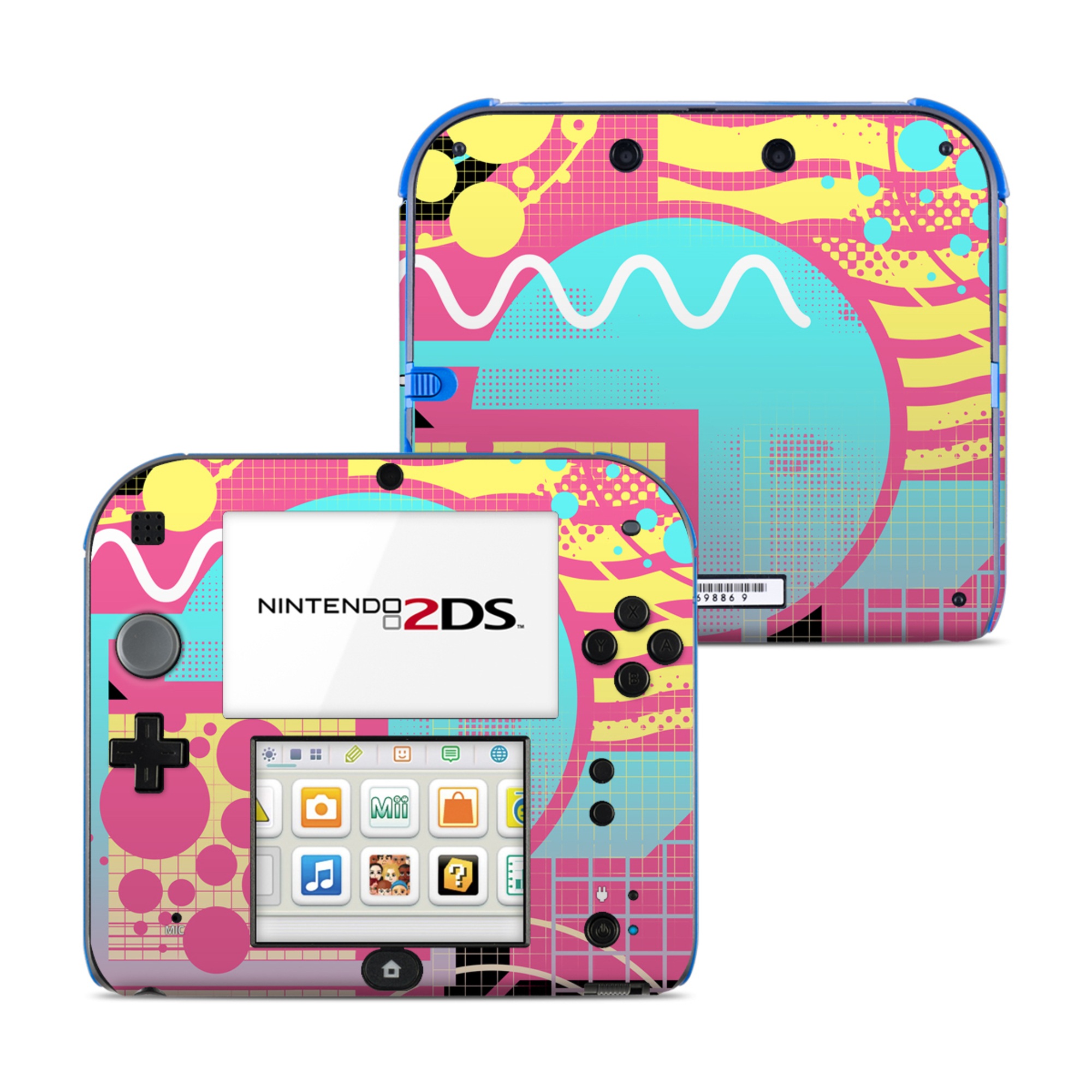 Nintendo 2DS Skin design of Textile, Organism, Font, Art, Pink, Rectangle, Line, Aqua, Magenta, Circle, with pink, yellow, blue, black, white colors