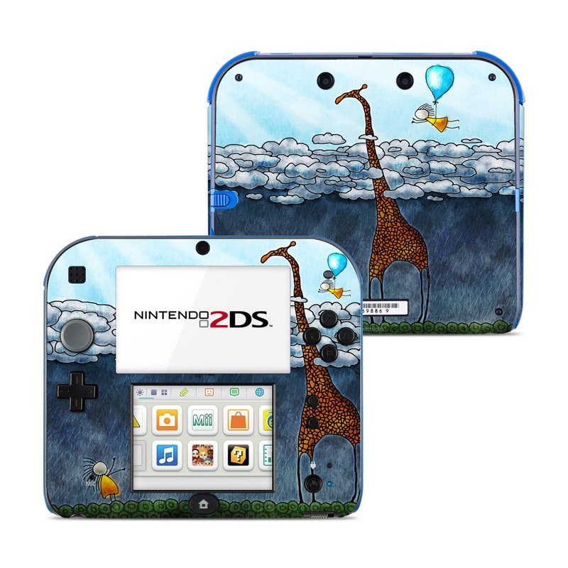 Nintendo 2DS Skin design of Giraffe, Sky, Tree, Water, Branch, Giraffidae, Illustration, Cloud, Grassland, Bird, with blue, gray, yellow, green colors